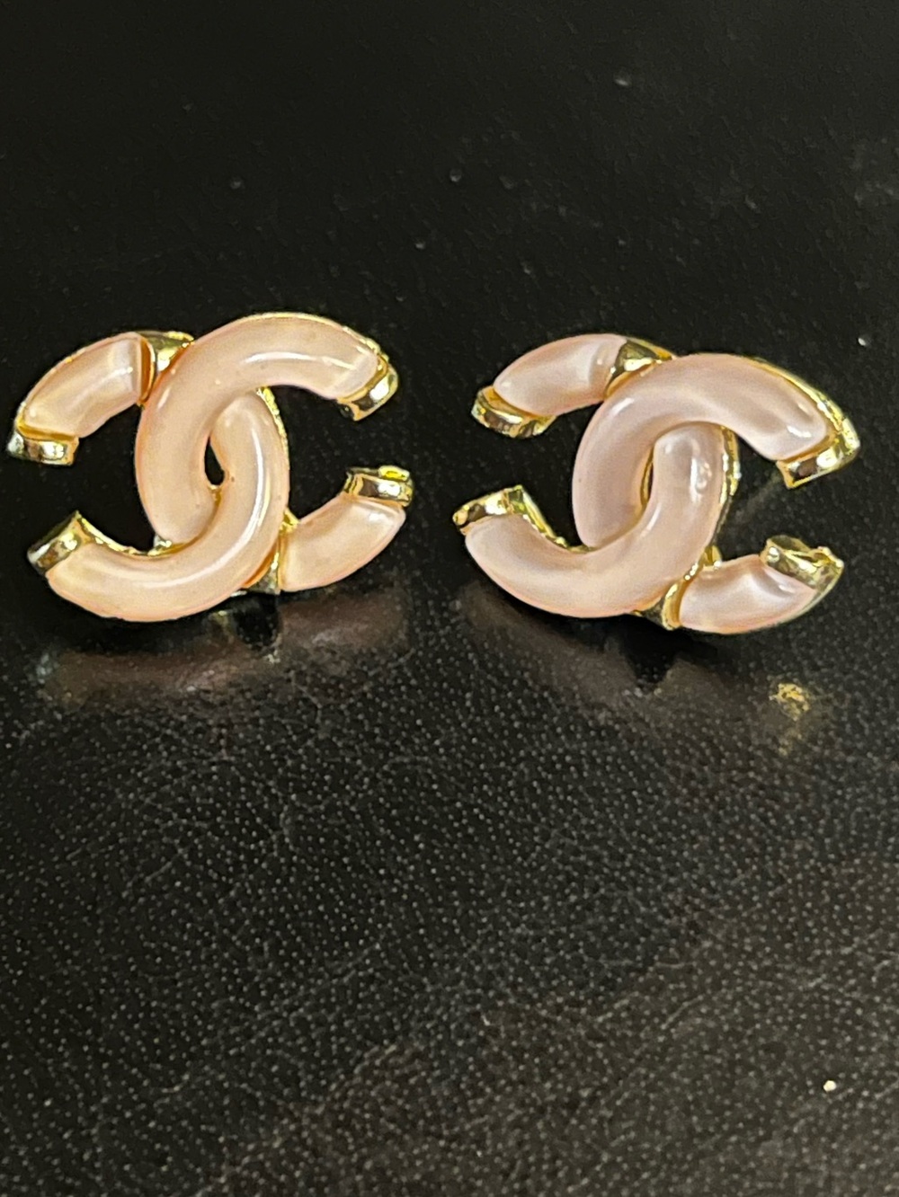 ChaneI Lucite Light Pink Gold Tone Letter Logo Stud Earrings